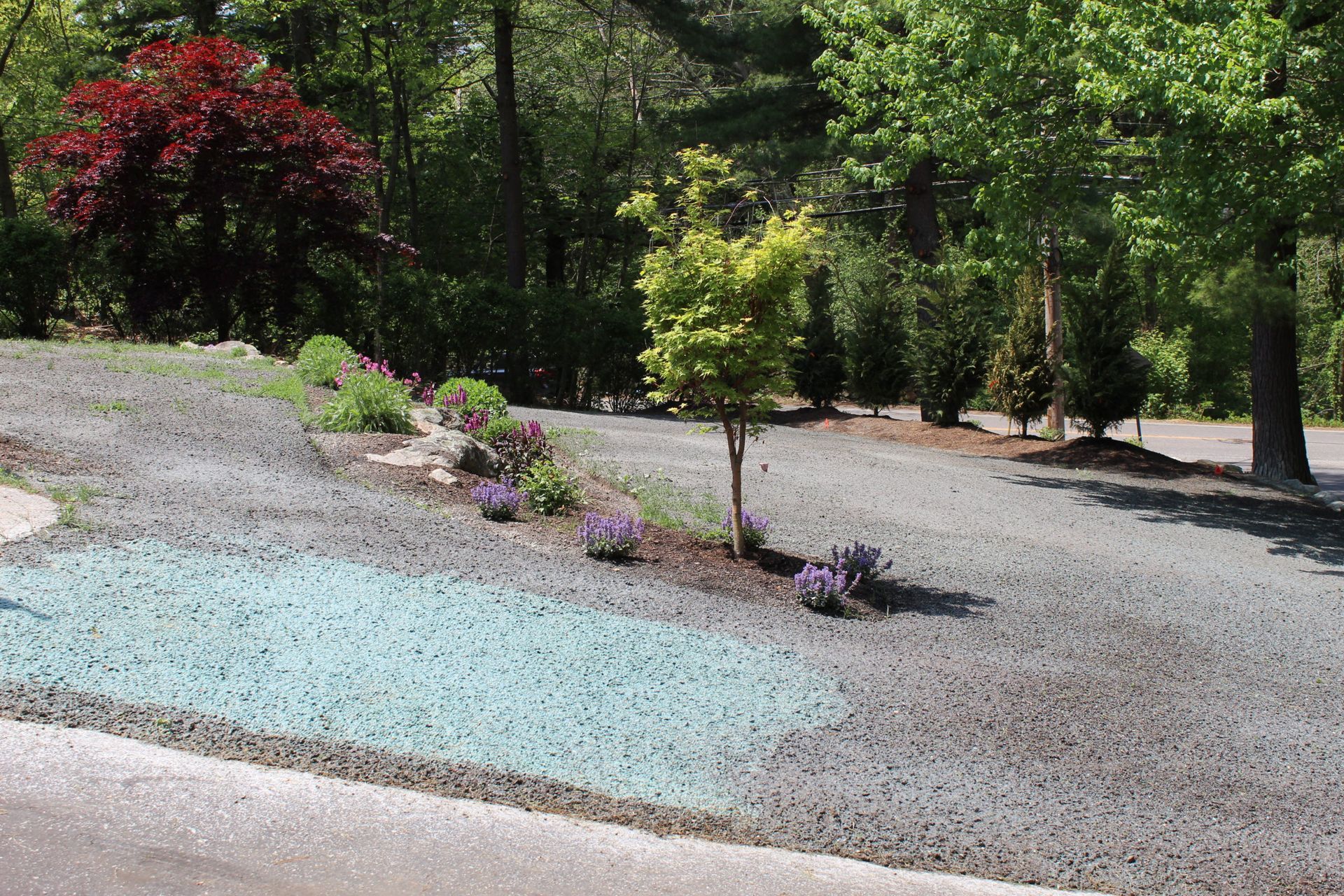A gravel driveway with flowers and trees in the background