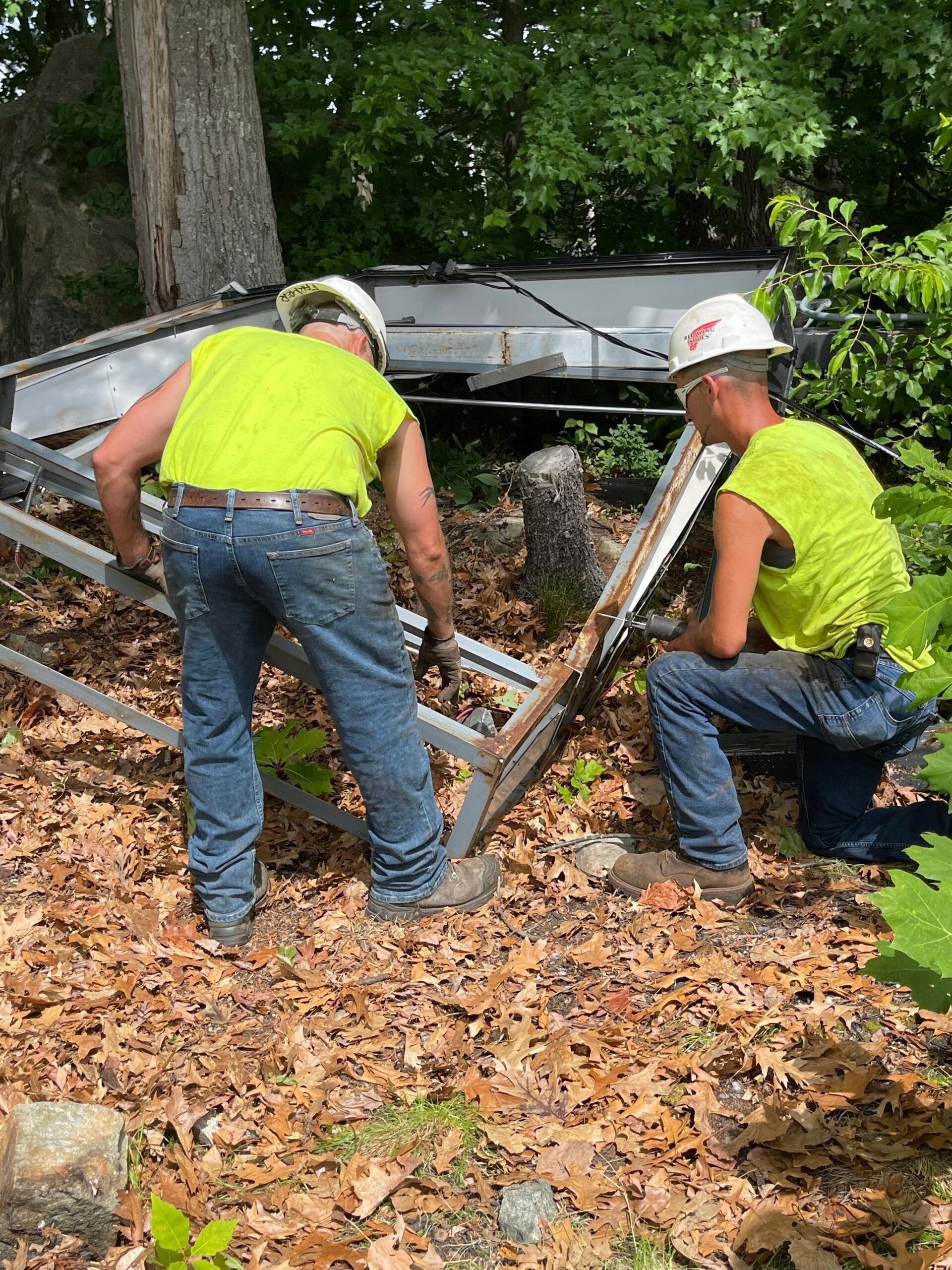 Two men are working on a ladder in the woods.
