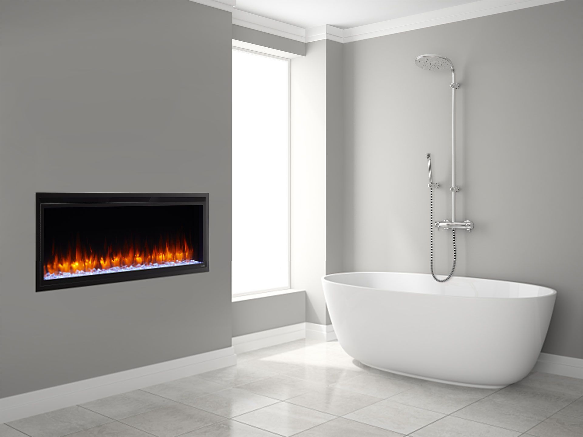 Bathroom with fireplace: gray walls, white bathtub, showerhead, and a rectangular black fireplace with orange flames.