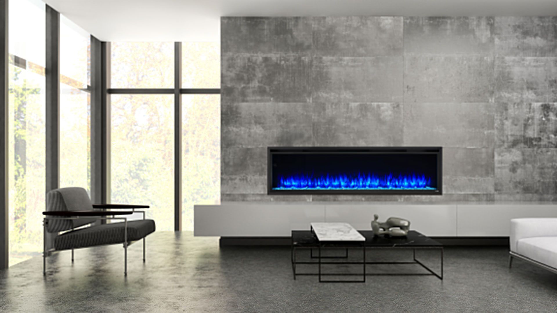Modern living room with fireplace and blue flames, chair, window, and low table.