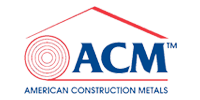 ACM logo with red concentric arc icon and blue letters, American Construction Metals text below