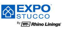 EXPO STUCCO logo with Rhino Linings branding in blue and black