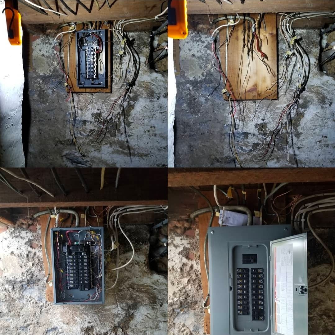Four views of an electrical panel installation on a rough, stone wall.