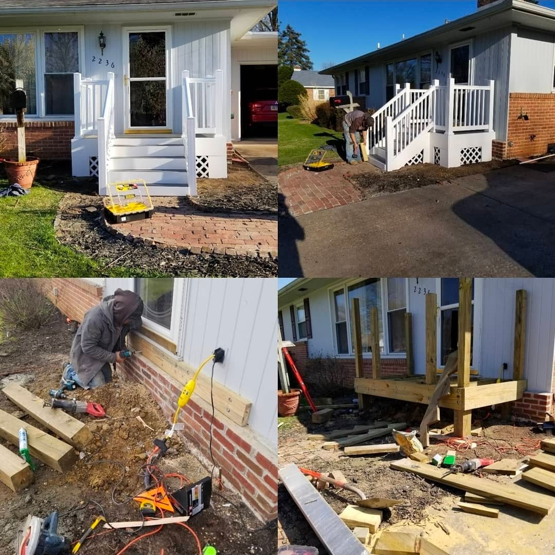 Four photos of a house porch renovation. Workers build a new wooden porch and steps on brick foundation.