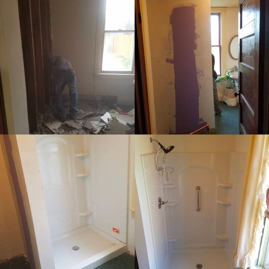Bathroom remodel: demolition, wall repair, and new white shower installation.