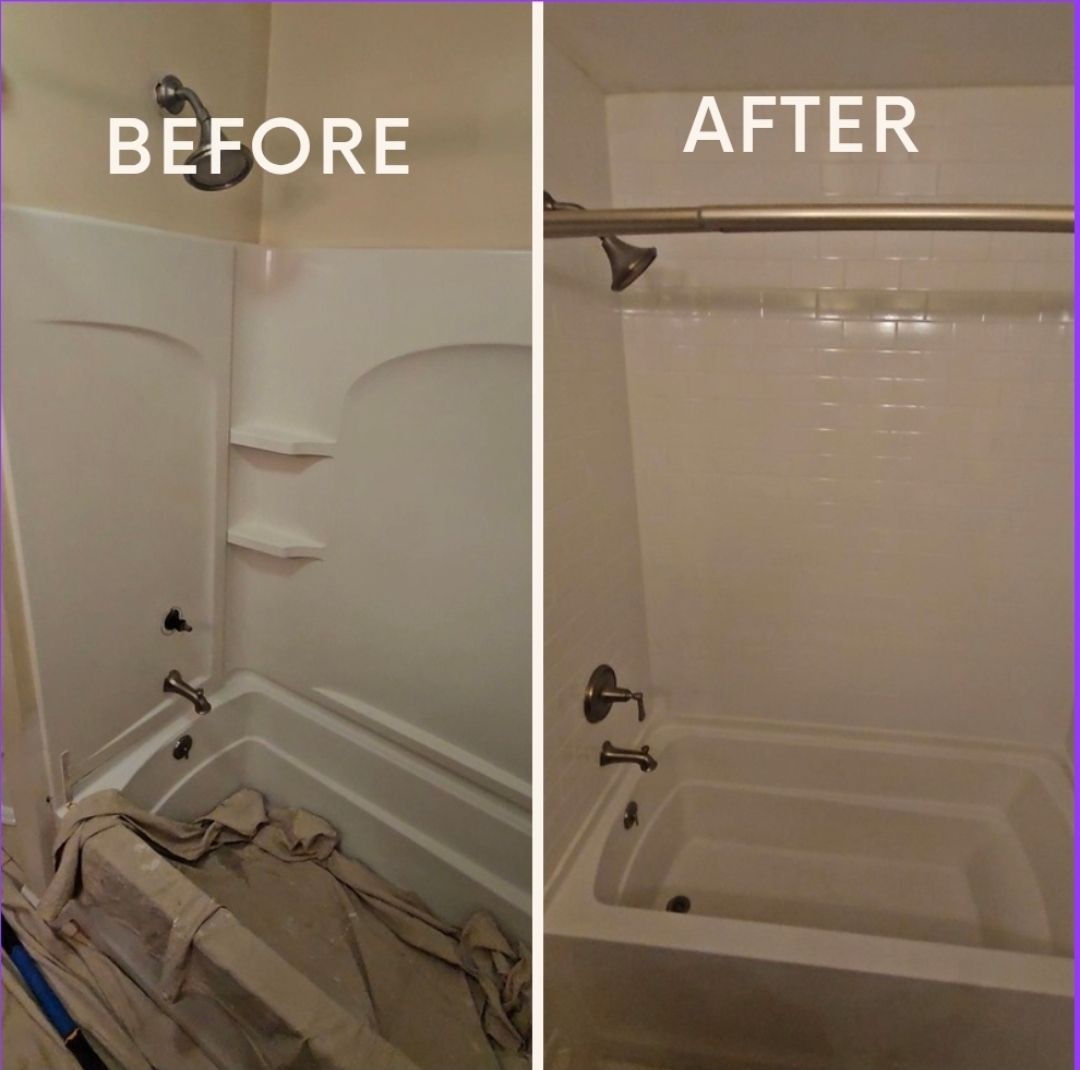 Bathroom before and after renovation: white tub and walls, shower fixtures, shower curtain rod.