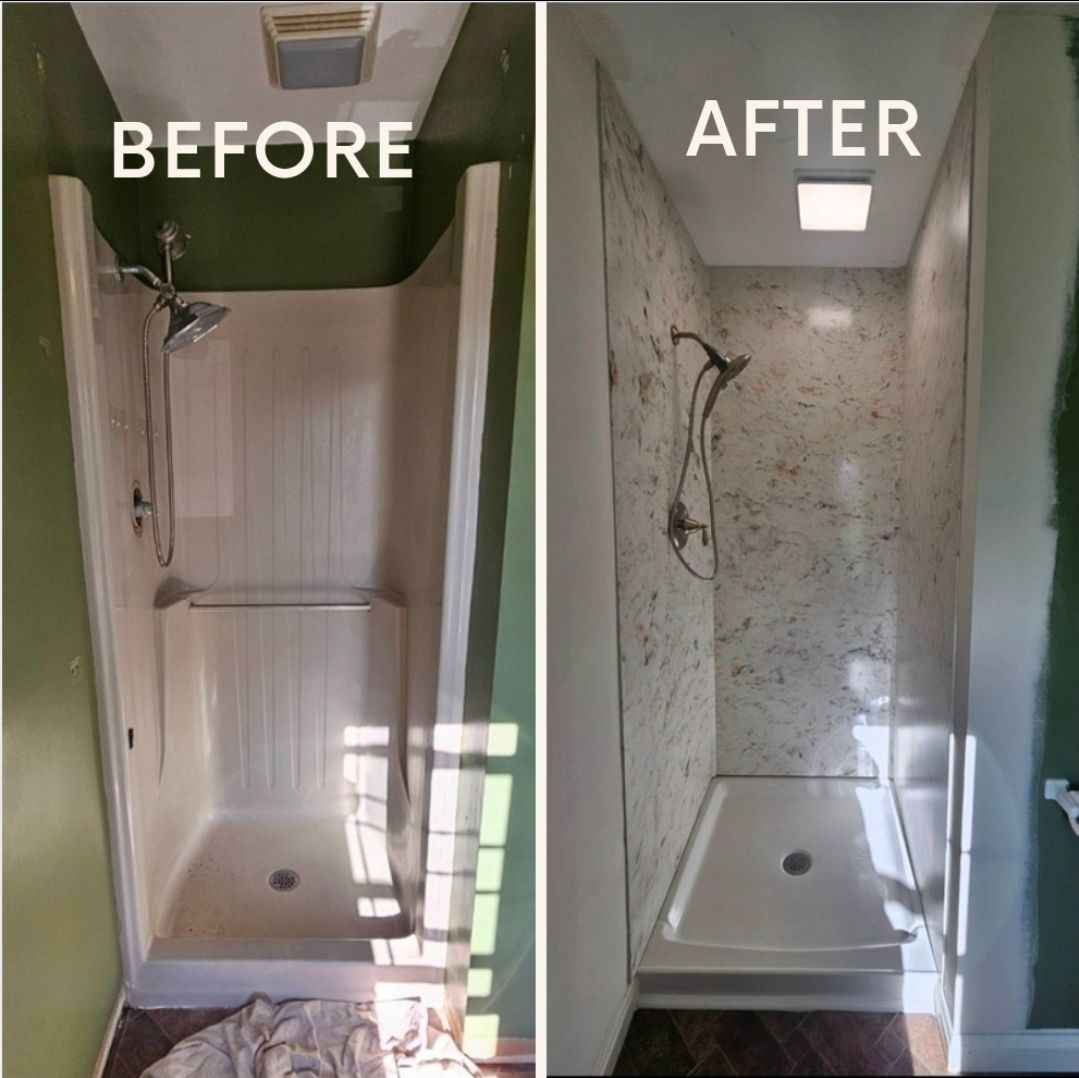 Bathroom shower remodel: Before and after. Beige shower stall with green wall, replaced with patterned walls, new shower head, and brighter lighting.