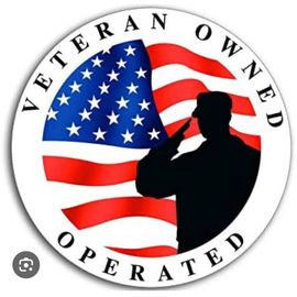 A veteran owned operated logo with an american flag