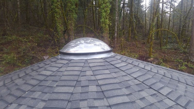 Dome skylight on shingled roof, surrounded by trees.