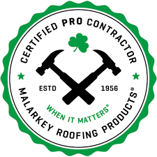 Certified Pro Contractor seal: green and white with crossed hammers, shamrock, and Malarkey Roofing Products.