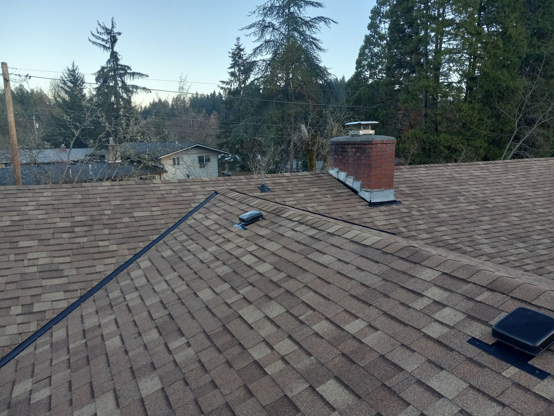 Rooftop with brown shingles, a brick chimney, vents, and tall trees in the background.