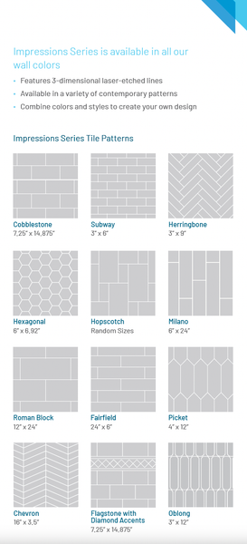 Layout patterns for Impressions series tile. Includes brick, herringbone, hexagon, and elongated shapes.