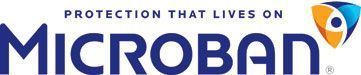 Microban logo: Blue and white text with a shield logo on the right, 