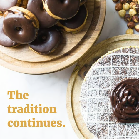 Chocolate-glazed donuts and a waffle on plates with text, “The tradition continues.”