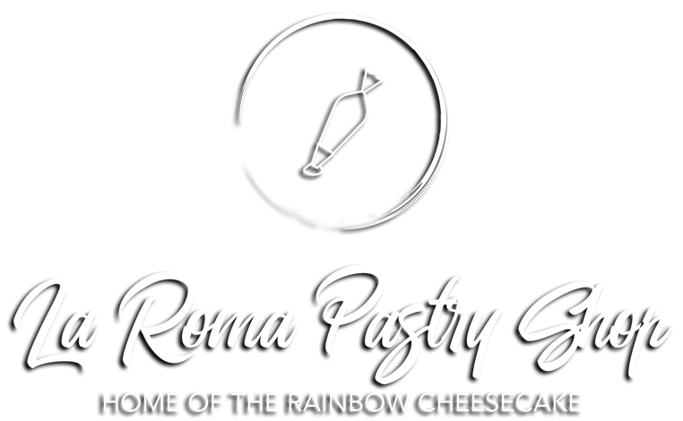 Logo for La Roma Pastry Shop with rolling pin icon and tagline &ldquo;Home of the Rainbow Cheesecake&rdquo;