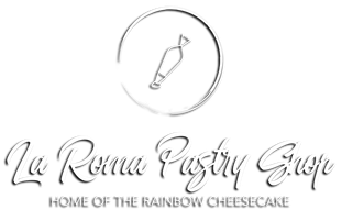 Logo for La Roma Pastry Shop with rolling pin icon and tagline &ldquo;Home of the Rainbow Cheesecake&rdquo;
