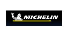 Michelin logo with white Bibendum figure and white text on a black background with yellow underline