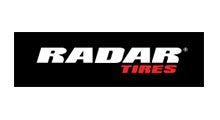 RADAR TIRES logo in white and red on a black background