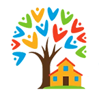Colorful tree beside a small house with heart-shaped leaves and yellow-orange roof