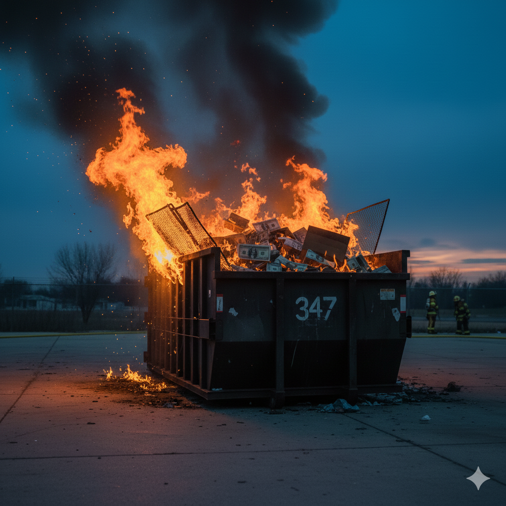 A metal dumpster marked 347 is engulfed in bright orange flames and thick black smoke in a parking lot at twilight.