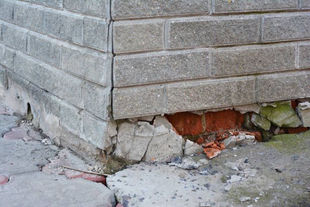 Damaged brick wall corner with crumbling foundation and exposed orange brick near the ground