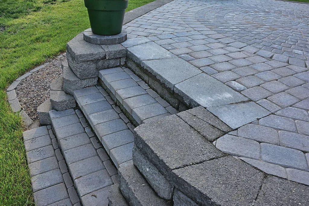 Stone steps leading to a paved walkway beside a grassy lawn and planter pot