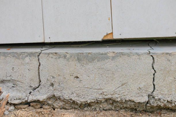 Cracked and crumbling concrete foundation beneath a white exterior wall panel