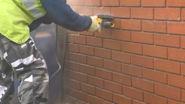 Worker using a power sander on a brick wall outdoors