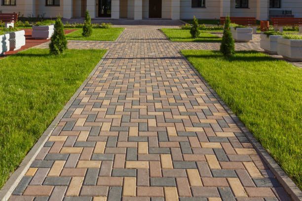 Brick pathway leading to a building entrance, bordered by green lawns and low shrubs.