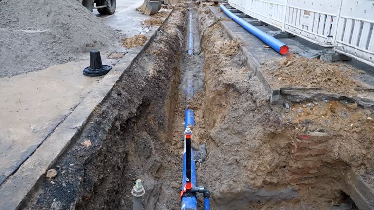 Trench excavation along a sidewalk with blue and red utility pipes exposed beside a white fence
