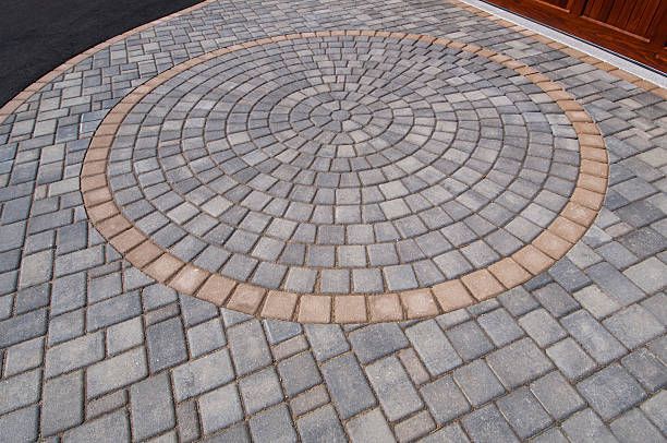 Circular stone paving pattern with concentric gray and tan bricks outdoors