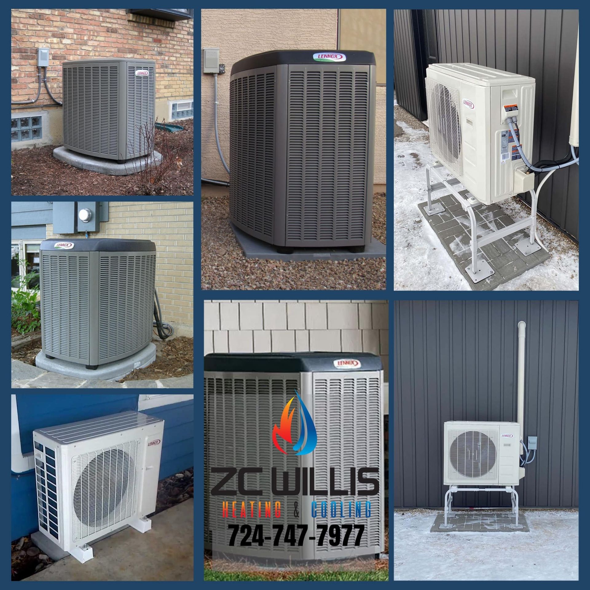 A collage of HVAC units installed by ZC Willis Heating & Cooling, displaying contact information and various systems.