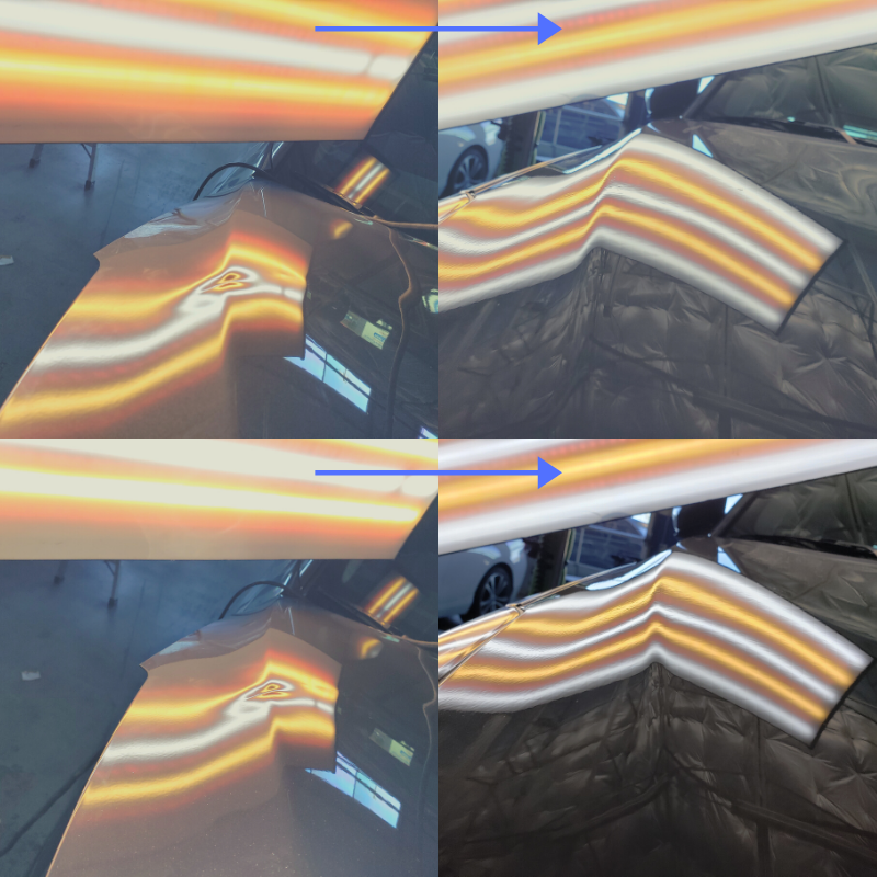 A collage of four pictures of a car showing different stages of dent repair
