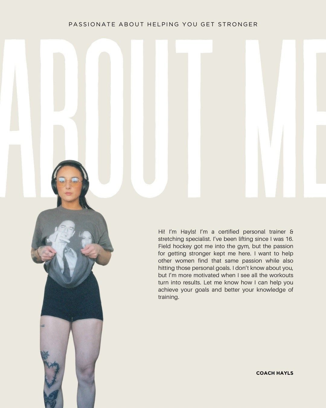 A woman wearing headphones is standing in front of the word about me.