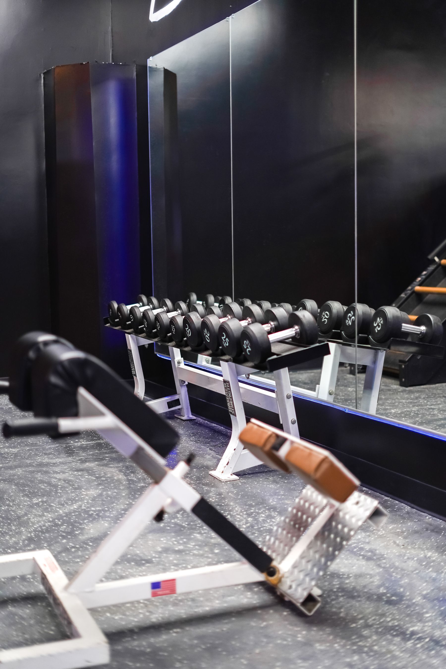 A gym with a lot of dumbbells and a large mirror.