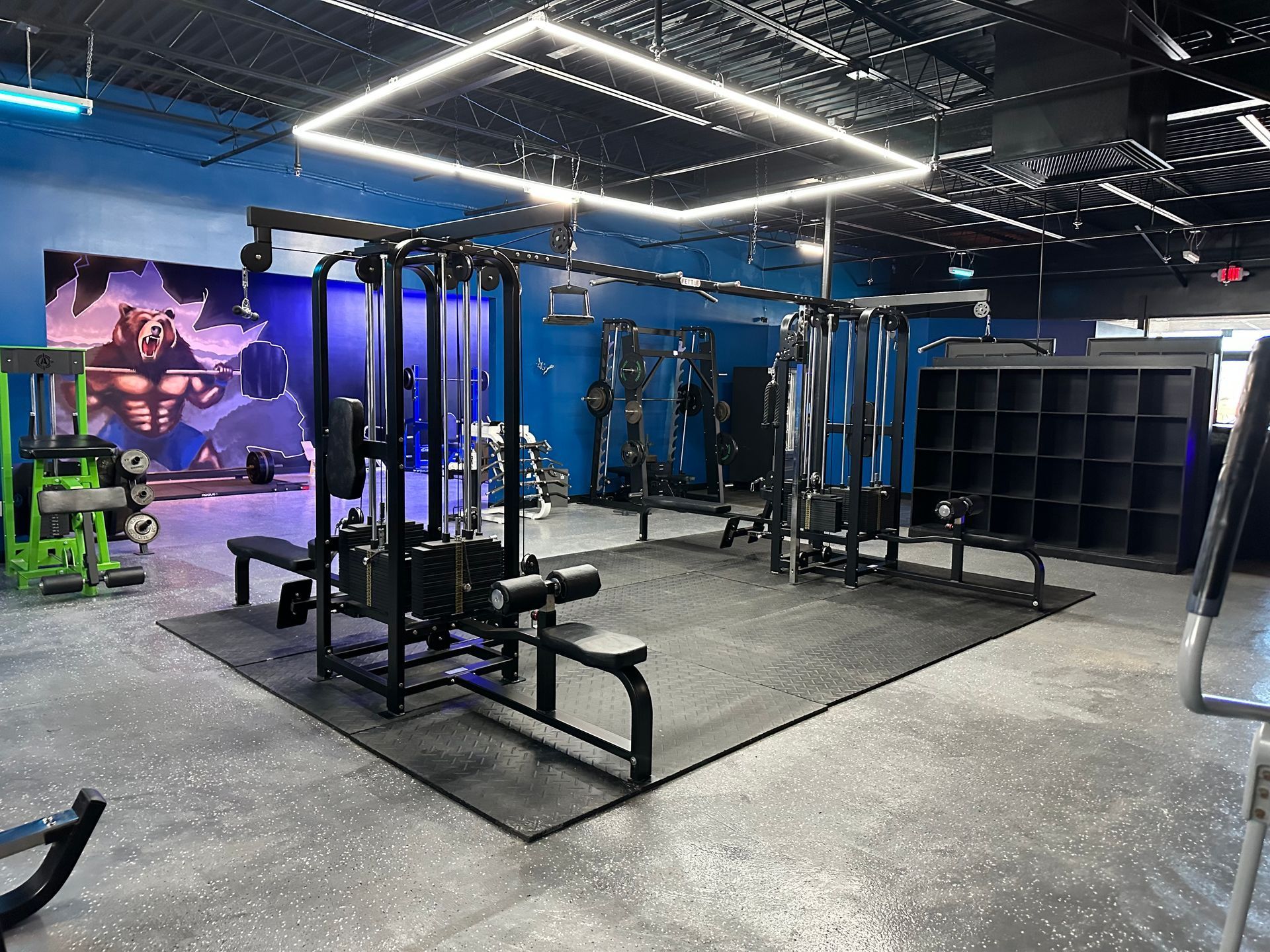 A gym with a lot of exercise equipment and a blue wall.
