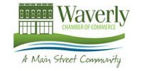 Waverly Chamber of Commerce logo with green building icon and “A Main Street Community” tagline