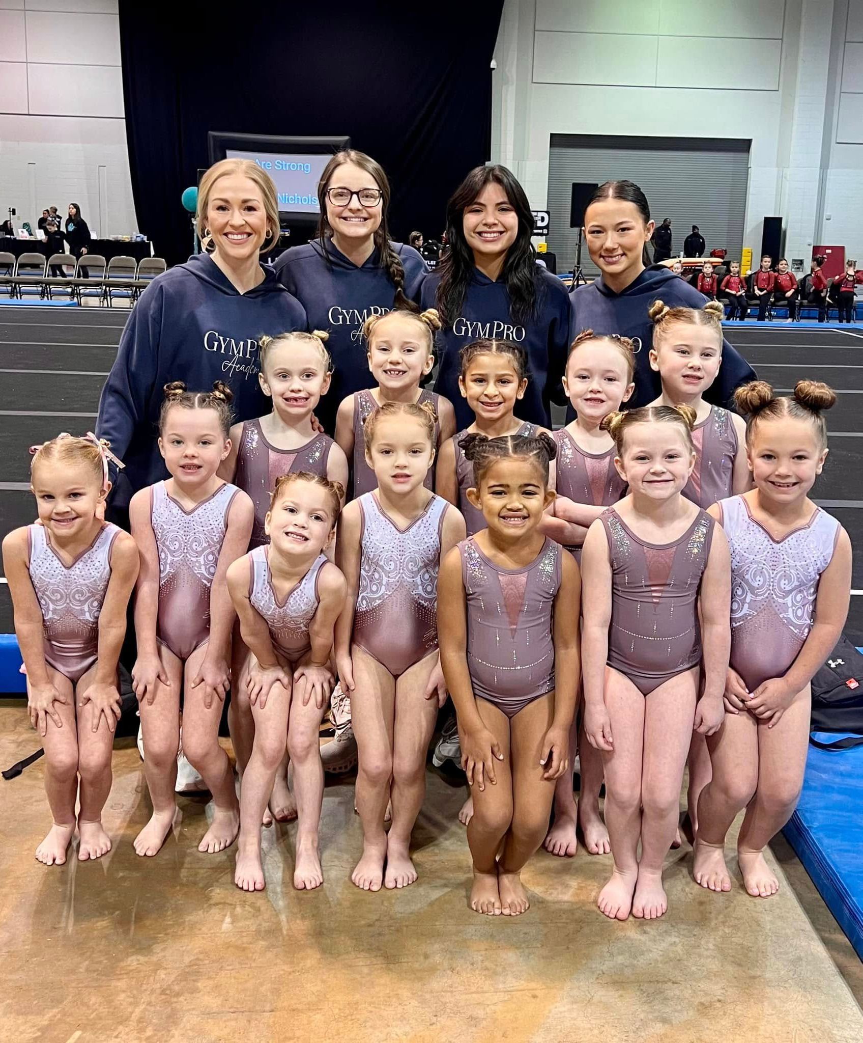 A group of young girls in pink leotards are posing for a picture.
