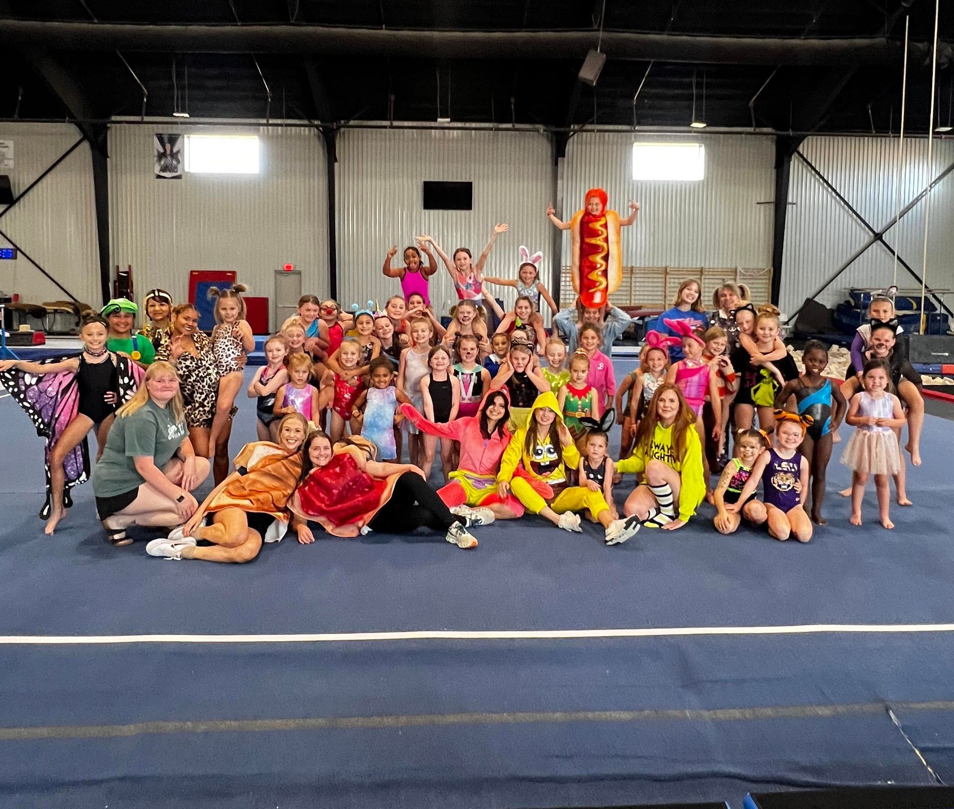 A group of young girls are posing for a picture in a gym.