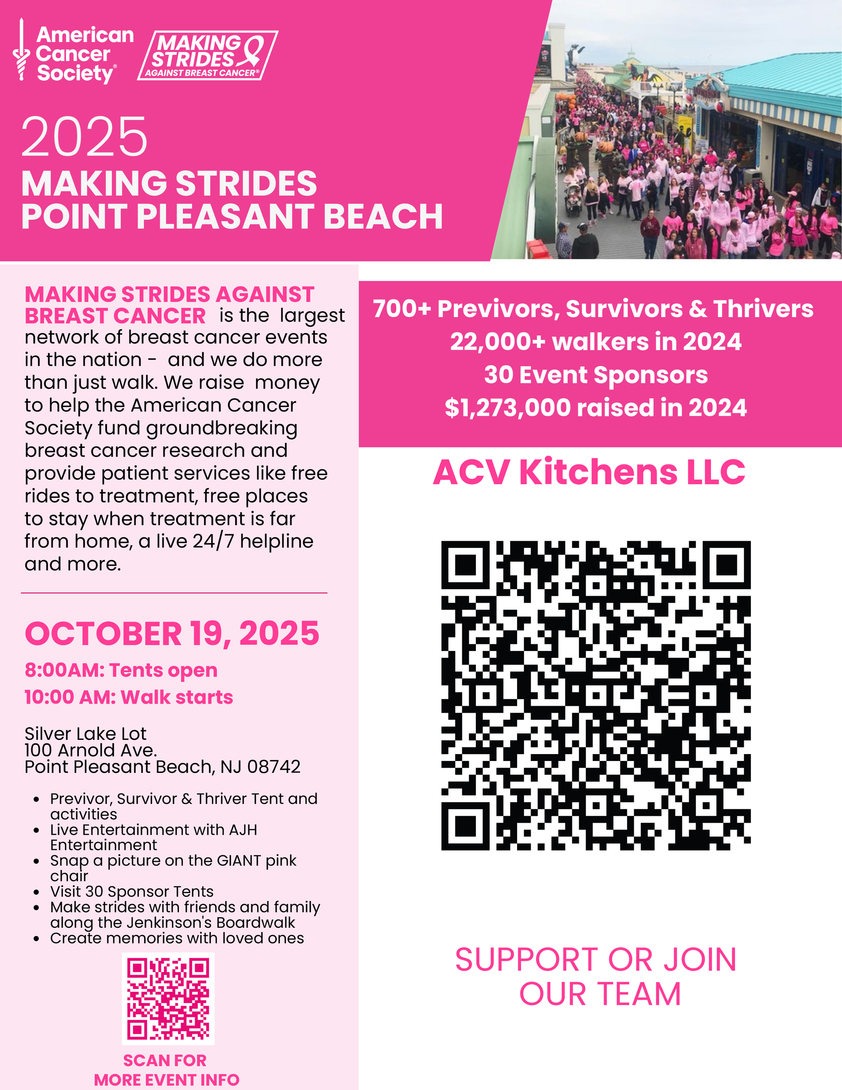 Pink flyer for the 2025 Making Strides Against Breast Cancer walk in Point Pleasant Beach, October 19, 2025.