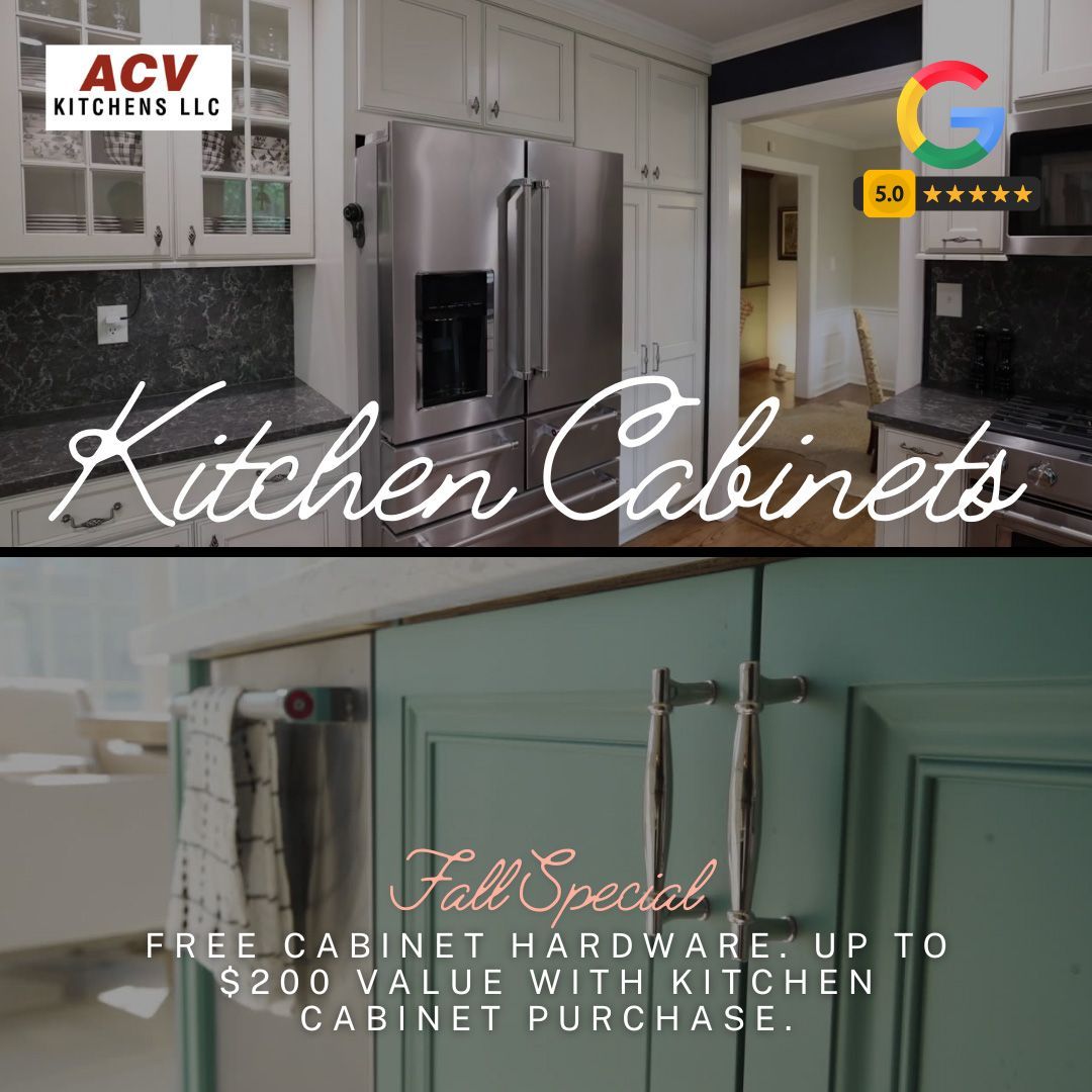 Kitchen cabinet ad: Shows a kitchen with white cabinets and a blue one with a 