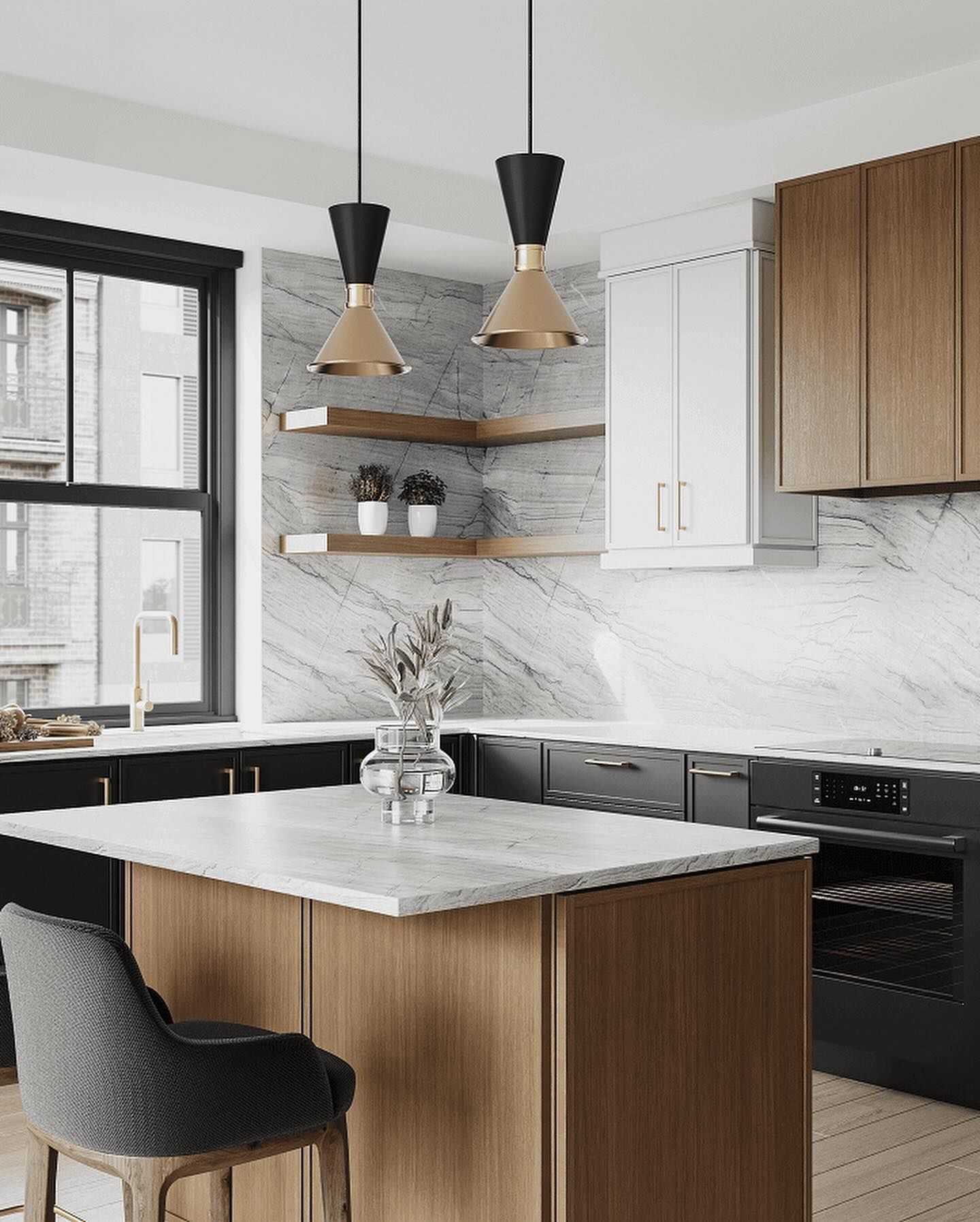 A kitchen with a large island in the middle of the room