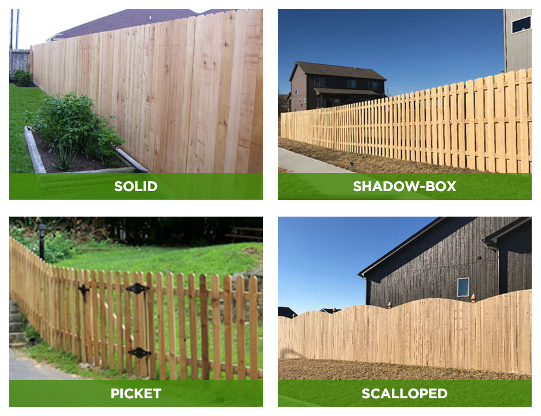 A collage of four pictures of different types of wooden fences.