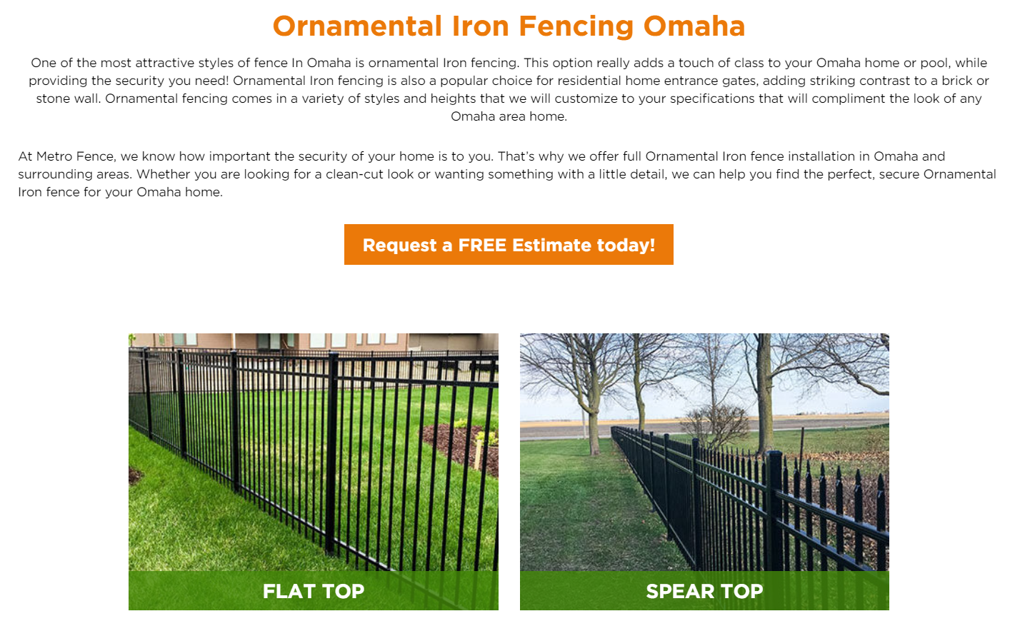 A screenshot of a website for ornamental iron fencing omaha