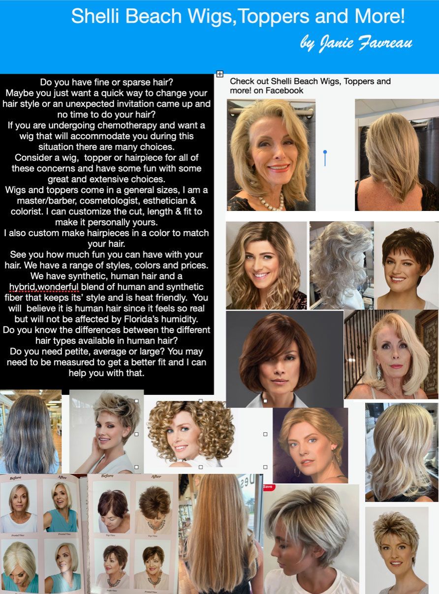 A collage advertisement featuring before-and-after images of wigs and hair toppers.