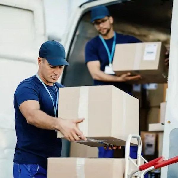 Two delivery men are loading boxes into a van.