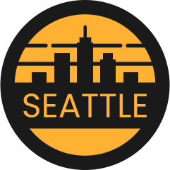 A logo for Seattle shows a city skyline in a circle.