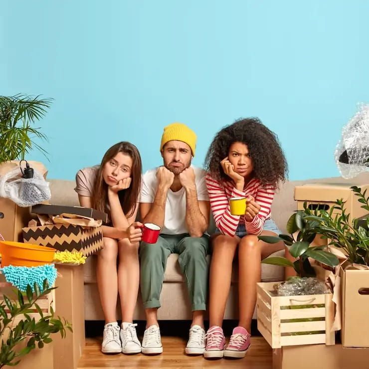 A group of people are sitting on a couch surrounded by moving boxes.