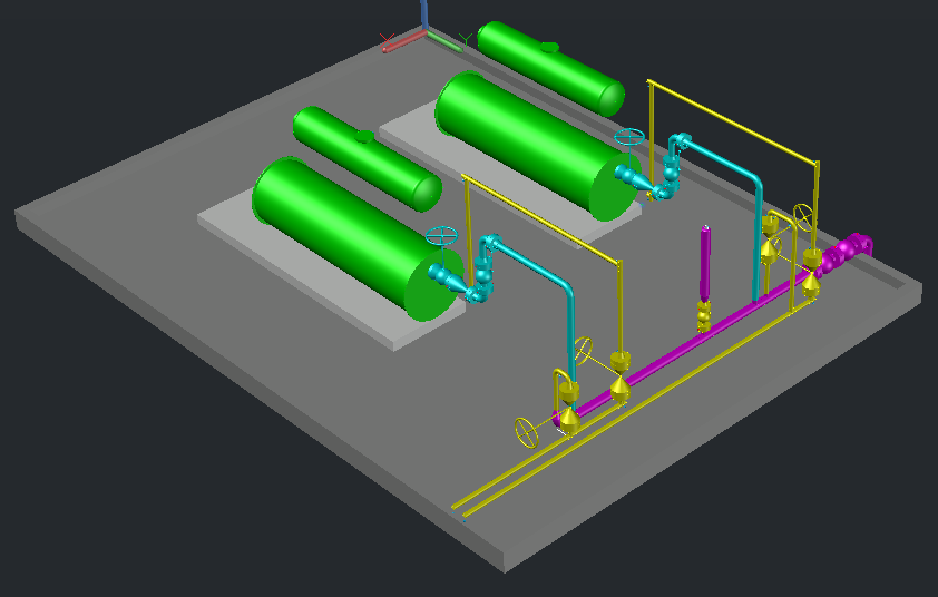 A 3d model of a gas station with green tanks and pipes