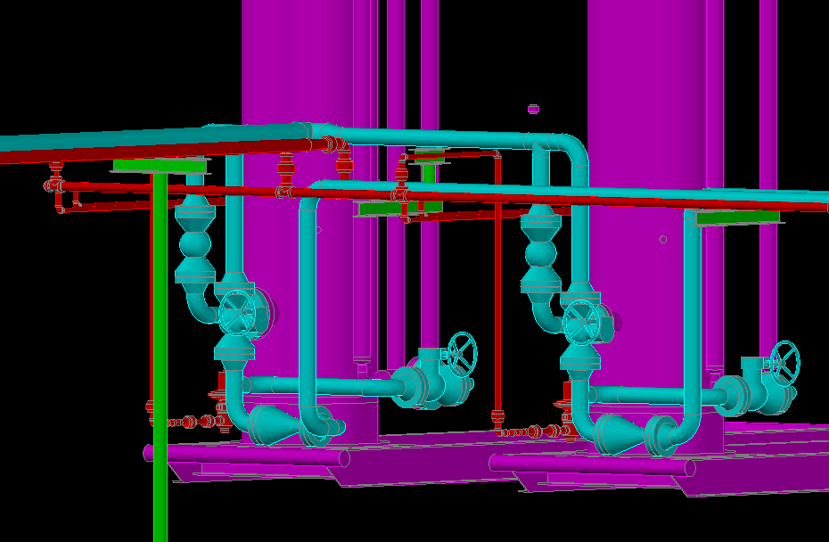 A computer generated image of a row of pipes and valves.